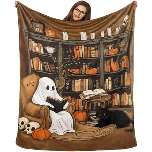 Halloween Ghost Reading Blanket 70.8x90.5 Inches, Perfect Gift for Book Lovers & Women, Cozy Throw for Ghost Enthusiasts