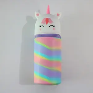 Standing Unicorn Pen Holder Pencil Case, Silicone Large Capacity Expandable Rainbow Gradient Zipper Cartoon Stationery Bag