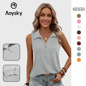 Aoysky Women's Summer Sleeveless Tank Tops Zipper V Neck Ribbed Dressy Casual Blouses Loose Business Polo Shirts