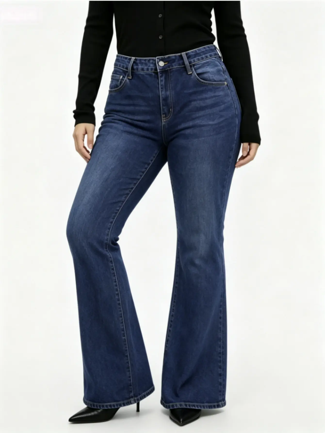 [Plus Size] Women's Casual Comfy High Waist Denim Stretch Flared Leg Jeans,Simple Style Multi-pocket Denim Trousers for Women,Classic Women's Pants, Daily Urban Fashion Wear for All Seasons.
