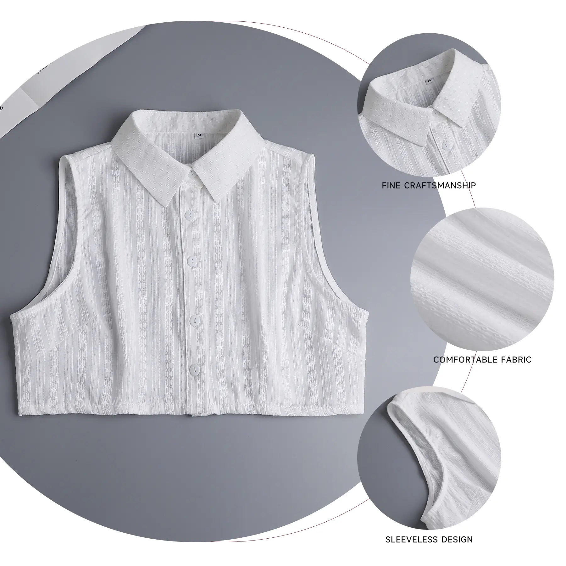 Ladies' fake collar set with a pure cotton round collar. It is available in various size specifications, including M, L, XL and 2XL. It can be matched with all kinds of coats and is suitable for wearing on various daily occasions. Ladies' fake collar set with a pure cotton round collar. It is available in various size specifications, including M, L, XL and 2XL. It can be matched with all kinds of coats and is suitable for wearing on various daily occasions.