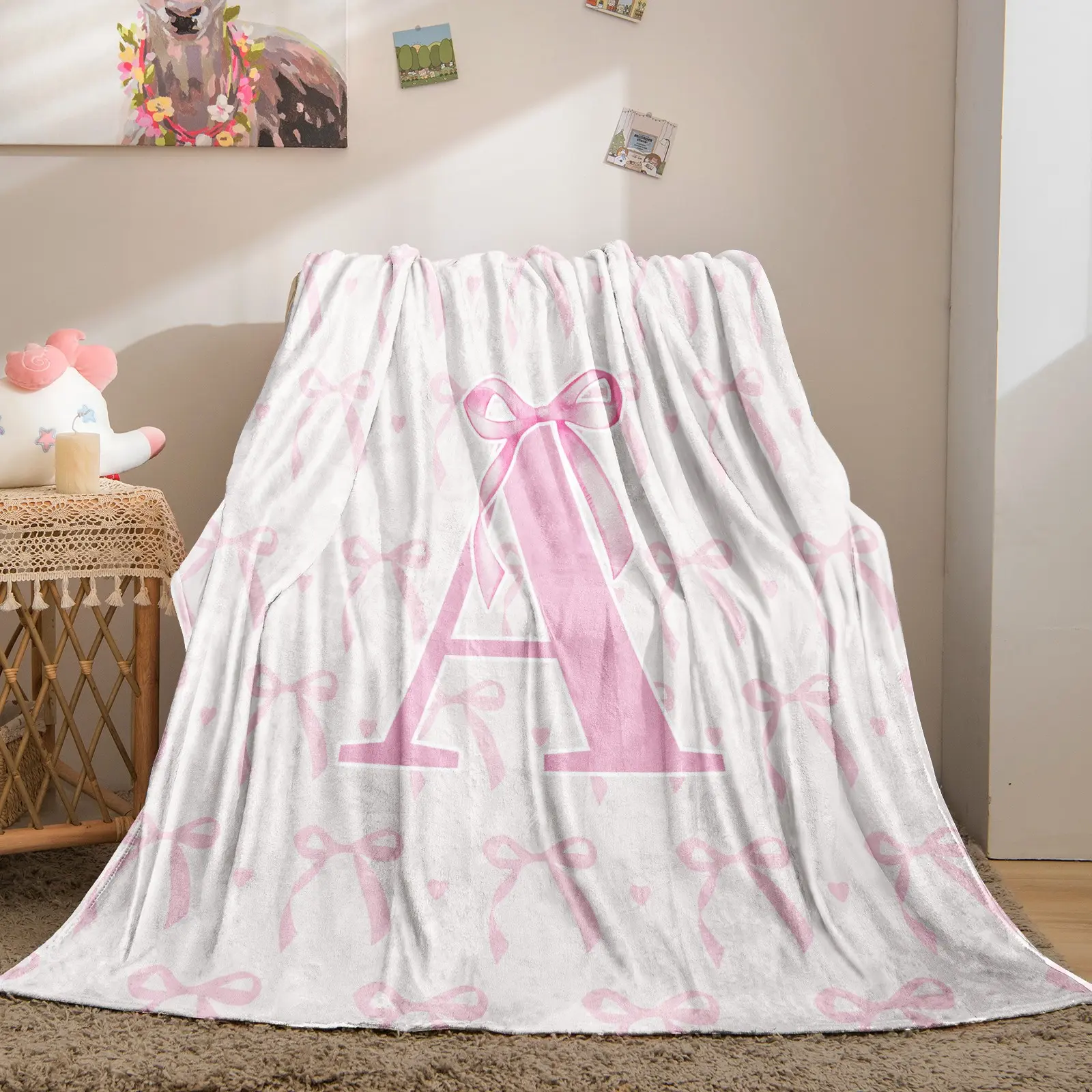 Pink Bow Custom Initial Throw Blanket, Sweet Girl Style Heart Print, Soft Warm Cozy Skin-friendly, Ideal for Bedroom Living Room Sofa Dorm Decor Pink Bow Custom Initial Throw Blanket, Sweet Girl Style Heart Print, Soft Warm Cozy Skin-friendly, Ideal for Bedroom Living Room Sofa Dorm Decor