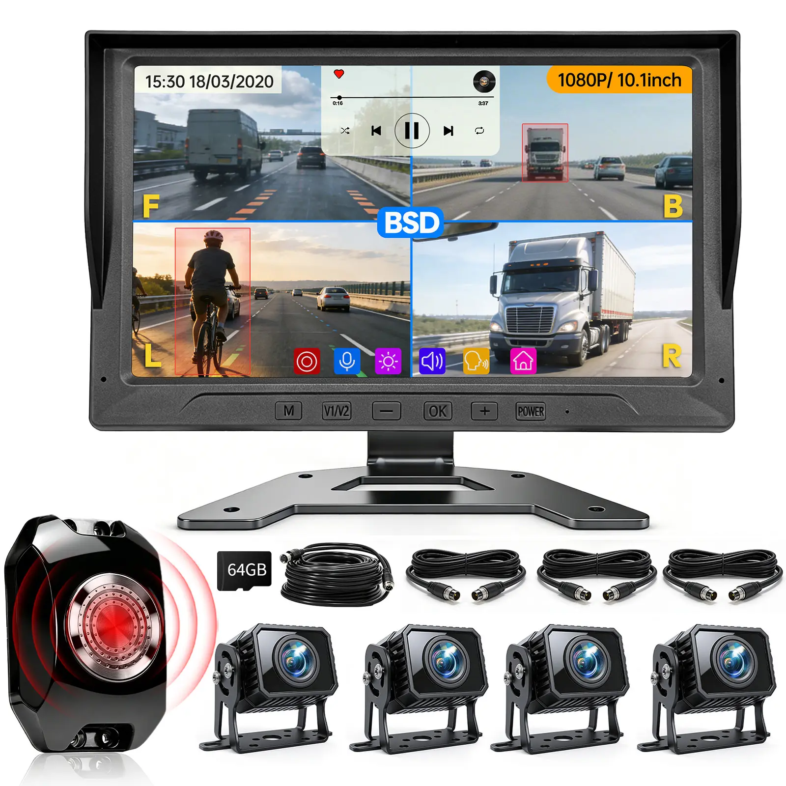 ConewVehicle Wired Backup Camera System with 10.1" Monitor, 4 1080P HD Rear-End Cameras, 4-Split Screen DVR Recording, IP69 Waterproof, MP5 Player, BSD Blind Spot Avoidance, 24/7 Security for RV Bus Trailer Camper, Travel