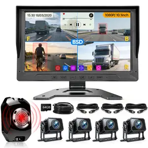 ConewVehicle Wired Backup Camera System with 10.1" Monitor, 4 1080P HD Rear-End Cameras, 4-Split Screen DVR Recording, IP69 Waterproof, MP5 Player, BSD Blind Spot Avoidance, 24/7 Security for RV Bus Trailer Camper, Travel