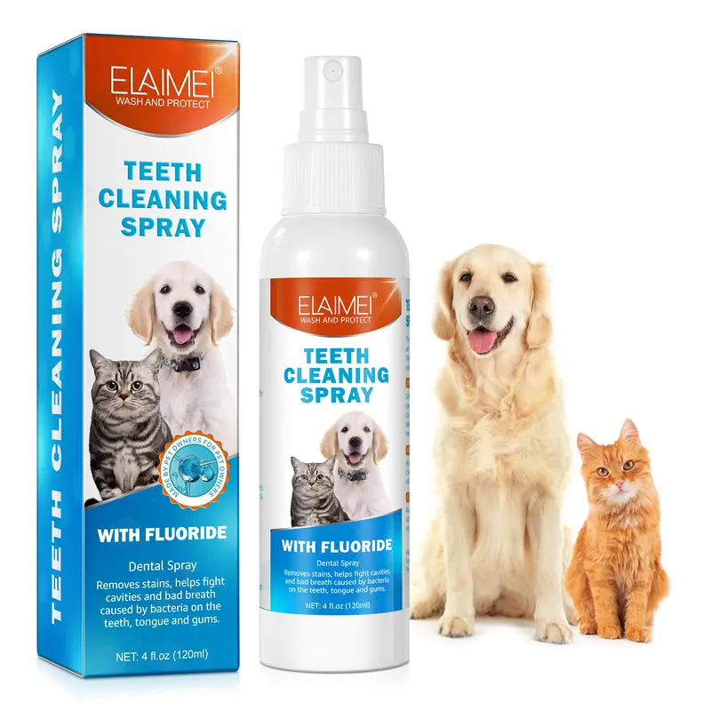 Elaimei Pet Teeth Cleaning Spray, Dog Breath Freshener, Soothing Bad Breath Caused by Plaque and Red Gums for Dogs & Cats, Dog Mouthwash Without Brush Fights Tartar - 4 Fl Oz / 120ml