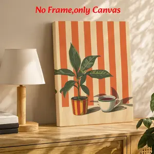 Modern Wall Art, Artistic Coffee & Potted Plant Striped Canvas Print, Elegant Minimalist Graphic Printing, Modern Minimalist Design, Orange And Green Canvas Decoration, Kitchen & Living Room Aesthetic, Perfect Housewarming Gift, Framed.