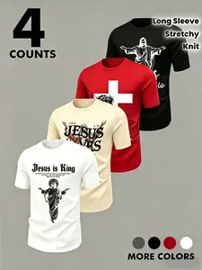 Men's 4-Pack Jesus Religious Print T-Shirts, Multi-Color Blend Comfortable Short Sleeve Set, Summer American Faith Casual Top