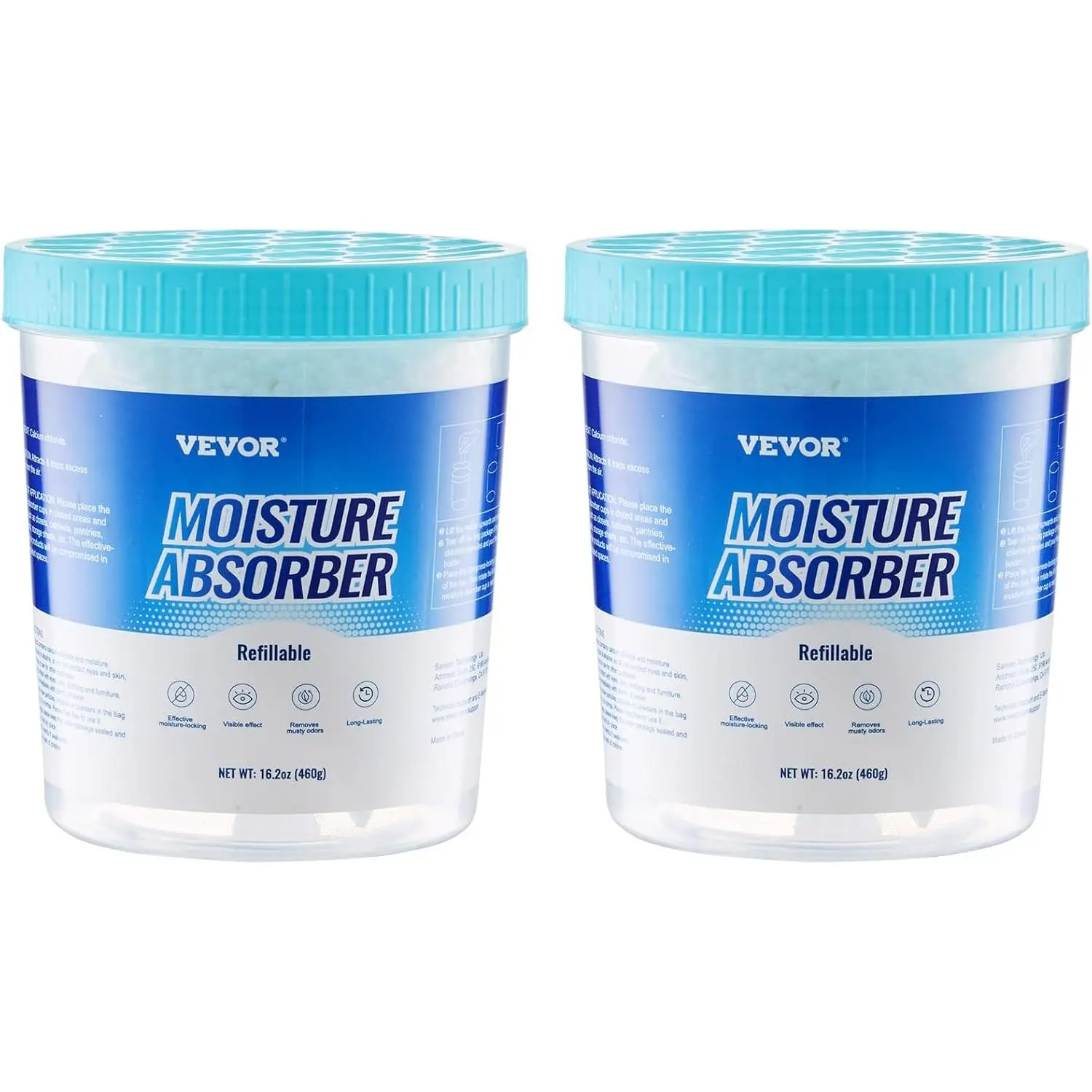 VEVOR Moisture Absorber Bucket, 2 Packs 16.2 oz Hi-Capacity Moisture Absorber Bucket with 800ml Storage Area & Reusable Outer Bucket for Long-Term Use, Fragrance Free Moisture Absorber for Fresher Air