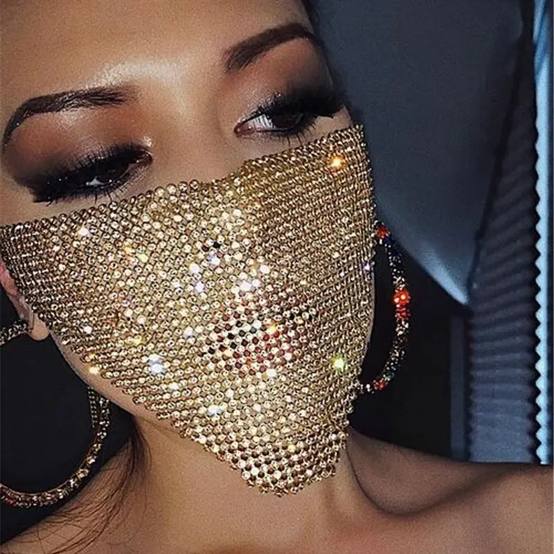 Sparkly Rhinestone Mesh Face Mask for Women, Gold Crystal Bling Chain Mask, Hollow Shiny Face Cover for Halloween Cosplay, Rave Party, Club, Music Festival, Costume Party Nightclub Decorative Accessory