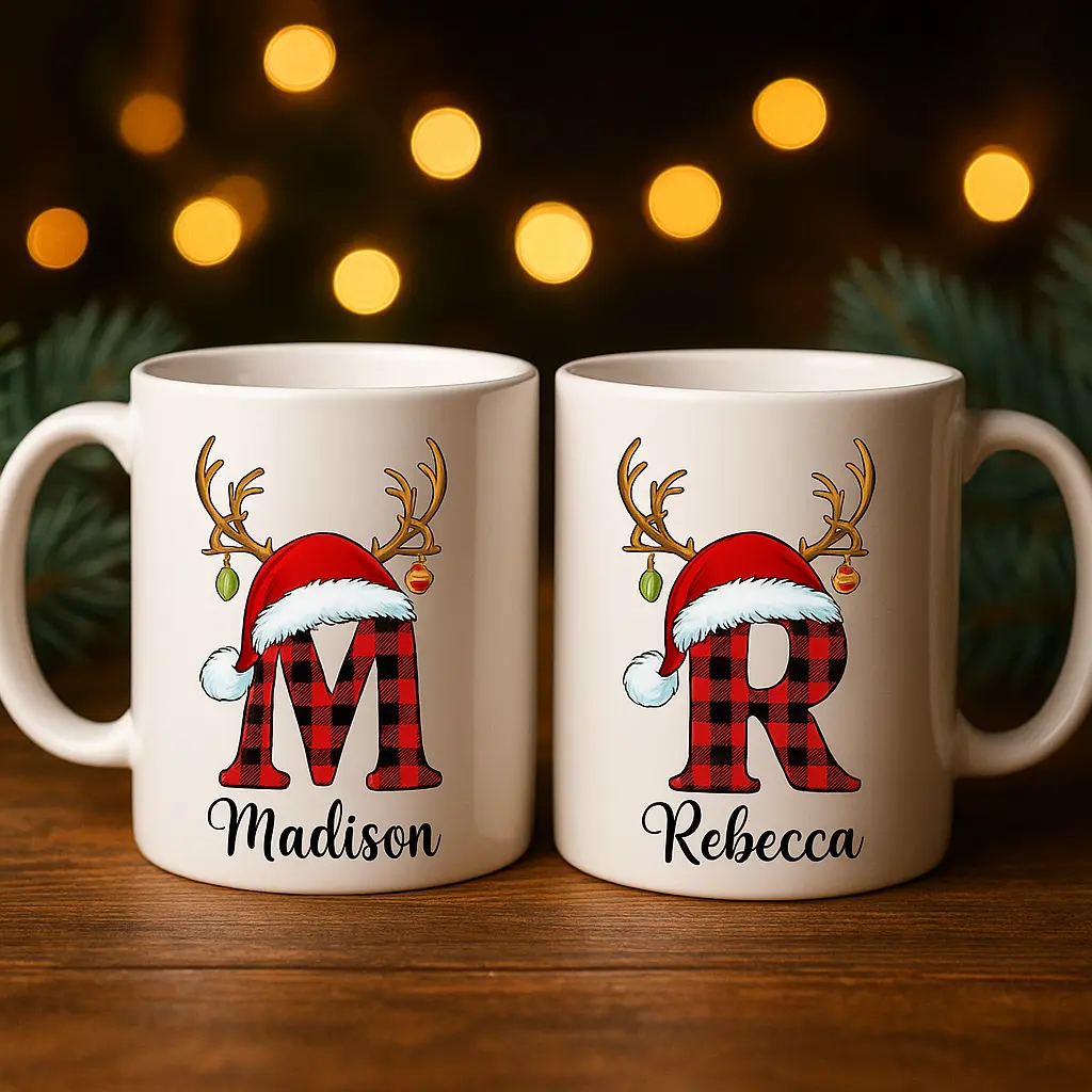 Personalized Christmas Mug with Buffalo Plaid Initial, Santa Hat & Reindeer Antlers – Custom Name Holiday Gift for Family, Friends & Kids – Festive Xmas Coffee Cup