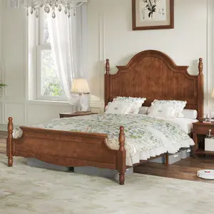 AMERLIFE Solid Wood Bed Frame with 56" Arched Headboard, Traditional Poster Bed with Wooden Slats Support, No Box Spring Needed, Easy Assembly