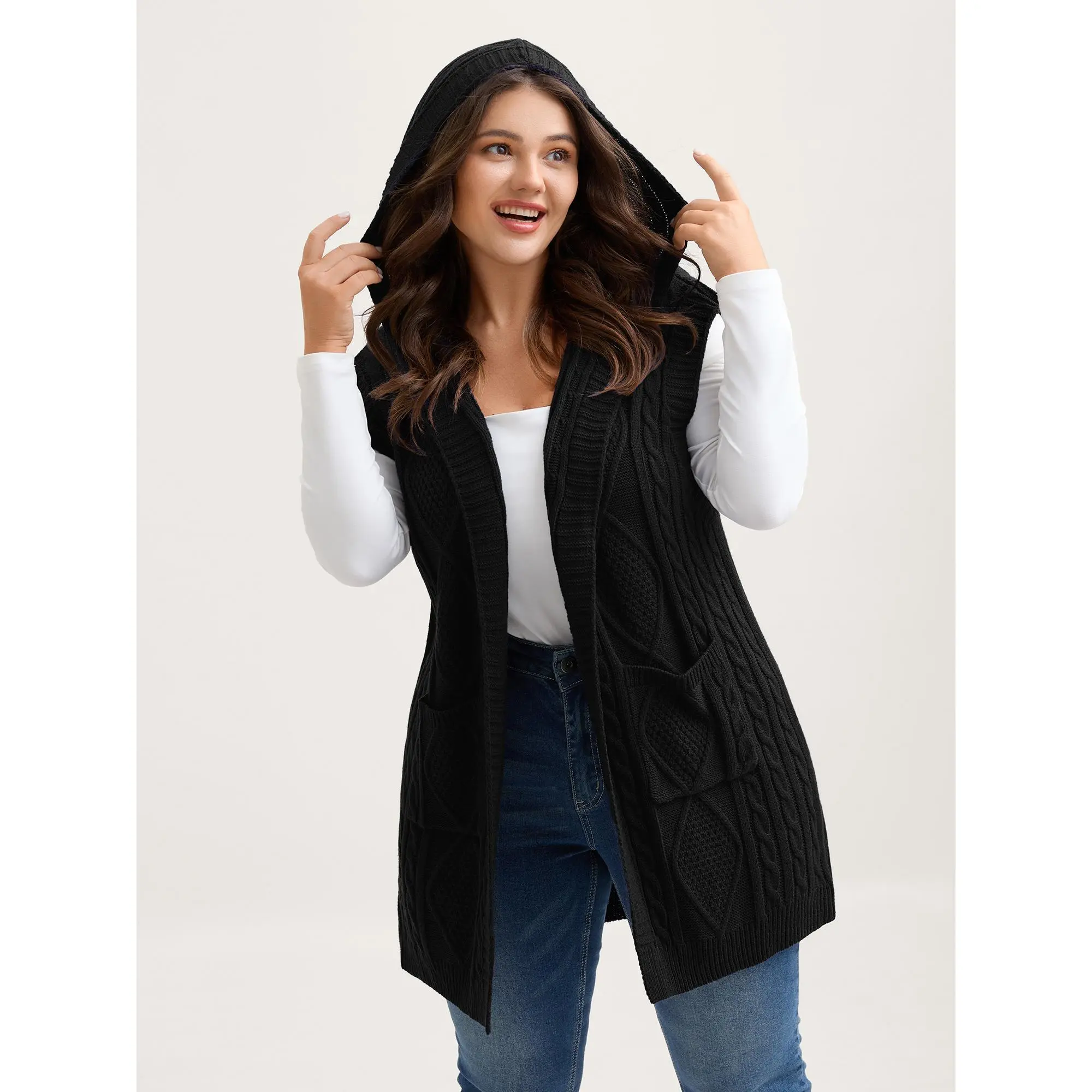 BloomChic Plus Size Sleeveless Hooded Cardigan, Solid Cable Knitting Tunic Garment, Casual Open Front Vest for Women,back to school,back to school shopping, Pocket