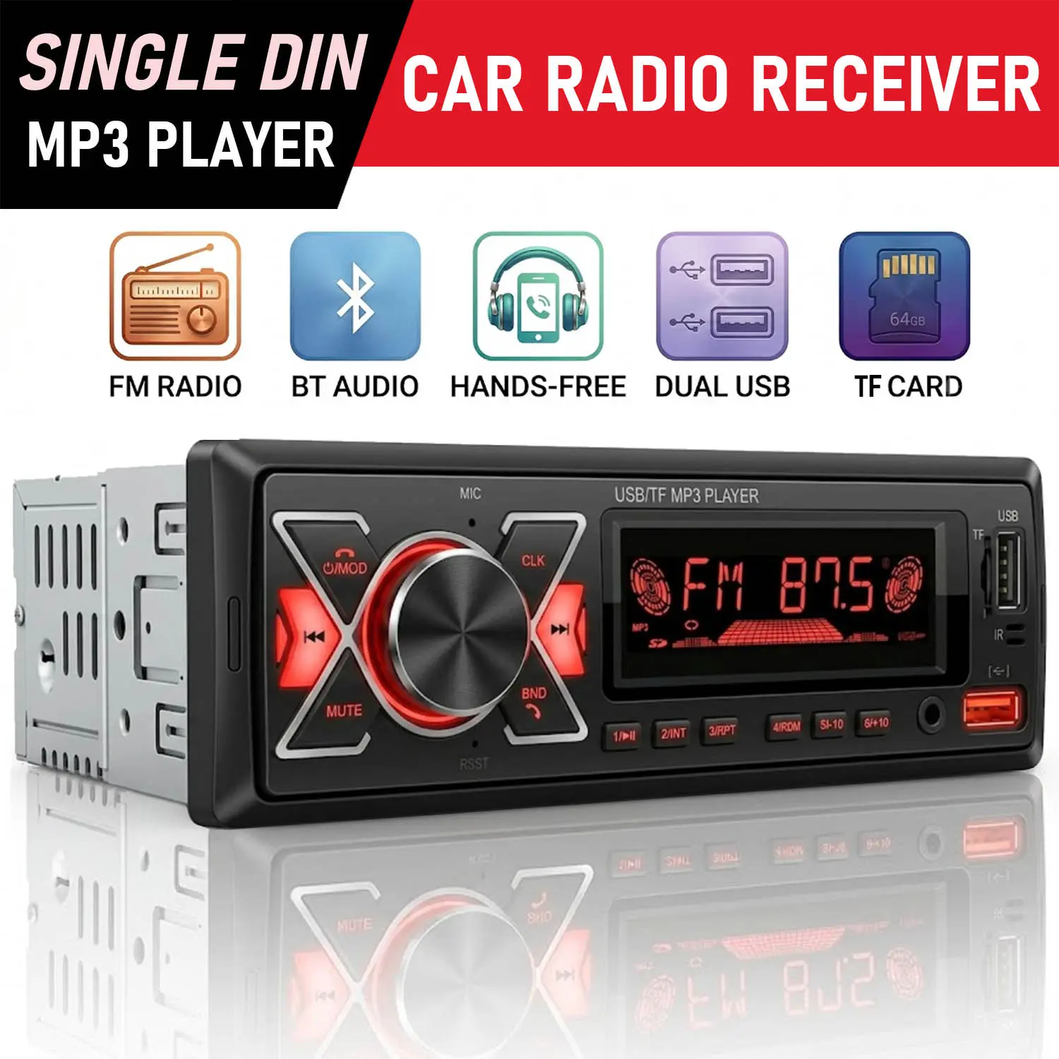 Single DIN Bluetooth Car Stereo Audio Head Unit - Radio, Dual USB Phone Charging, FM+USB+AUX/TF Card In-Car Music Playback, 7-Color LED & Time Display