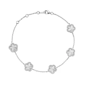 Starlight Sterling Silver Rhodium Plated Clover Bracelet with Round Brilliant Cubic Zirconia and Floral Accents
