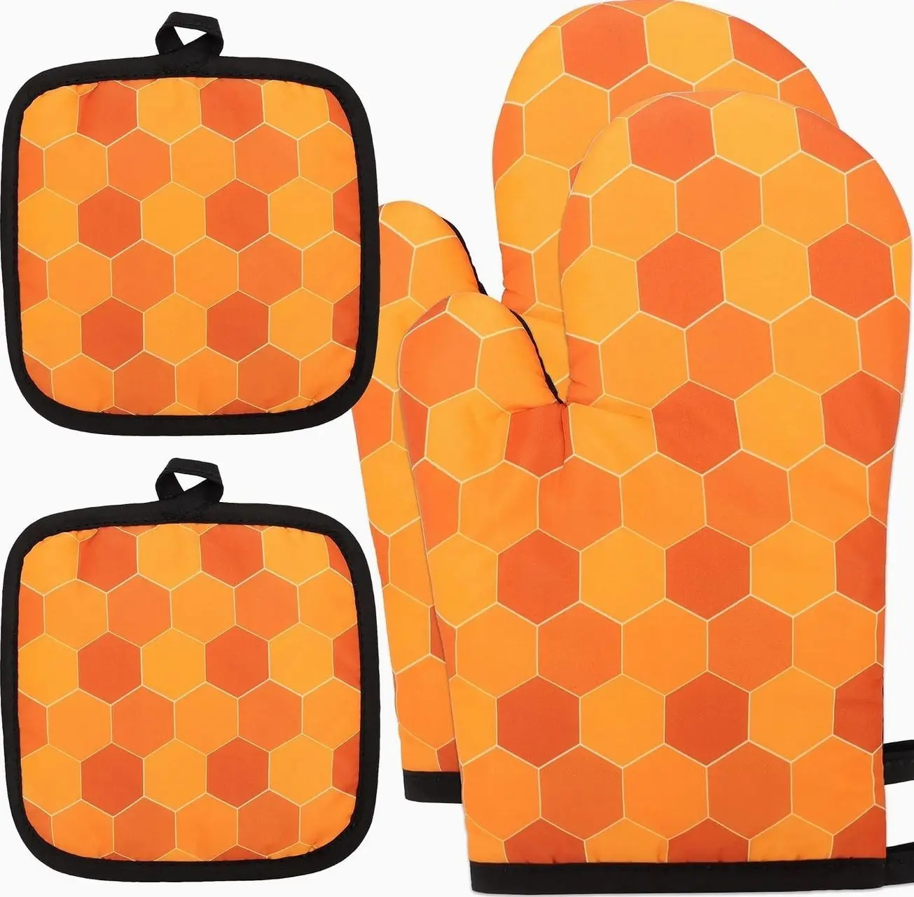 4 PCS Bee Oven Mitts and Potholders Set, Honeycomb Oven Mitts Pot Holders Beehive Potholders Heat Resistant Non-Slip Cooking Gloves for Grilling Baking Summer Birthday Party Decor