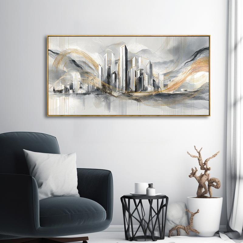 Modern Luxury Upgrade - 20x40 Inch Gold - Accent Wall Art - Solid Wood Frame, Abstract Cityscape with Metallic Gold Swirls Elevates Contemporary Interiors, Perfect for 20x40 Homes Seeking Sophisticated Glamour