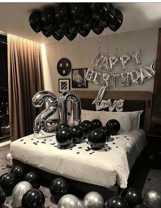 32pcs Balloon Set 16inch Silver Happy Letter & 18inch Black Silver Heart-Shaped Aluminum Foil Latex for Birthday Wedding Anniversary Party Decor