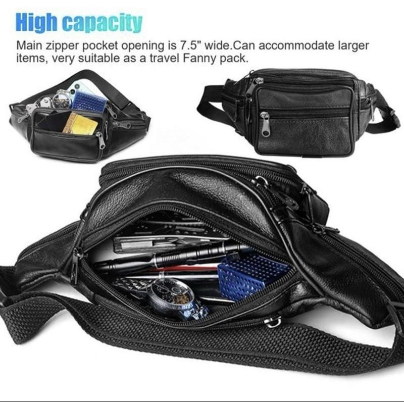 Black Genuine Leather Fanny Pack - Stylish Waist Bag with 3 Compartments & 5 Front Pockets - Ideal for Travelers & Daily Use - Hands-Free Crossbody Purse