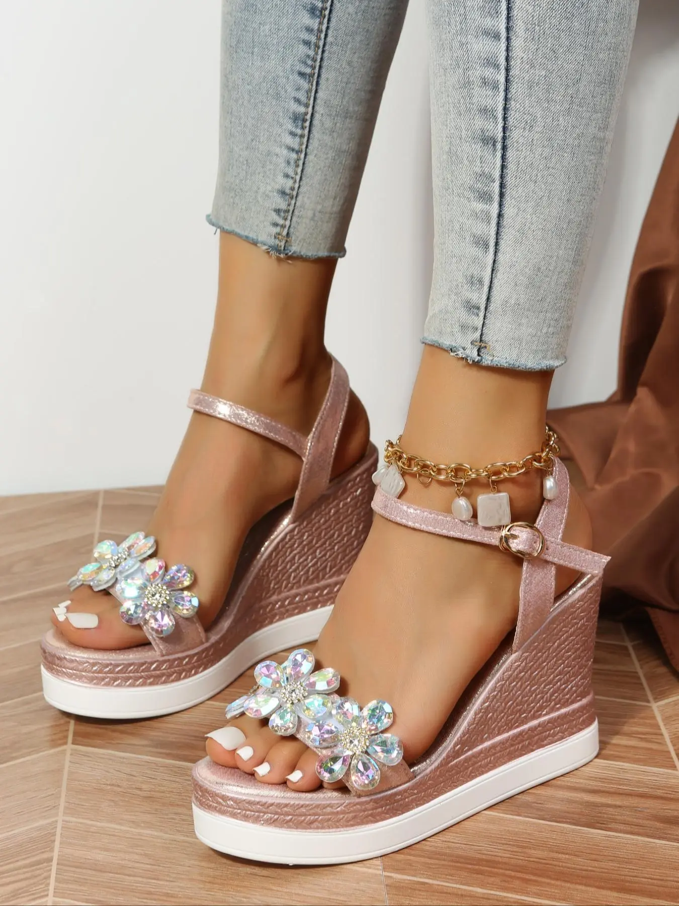 Women's Fashionable Rhinestone Decorated Wedge Sandals Thick Wedge Sole High Heels, Elegant Classy Stylish Platform Sandals for Party, Sparkly Party Shoes, Daily Clothing Decor for Women & Girls, Summer Party Footwear