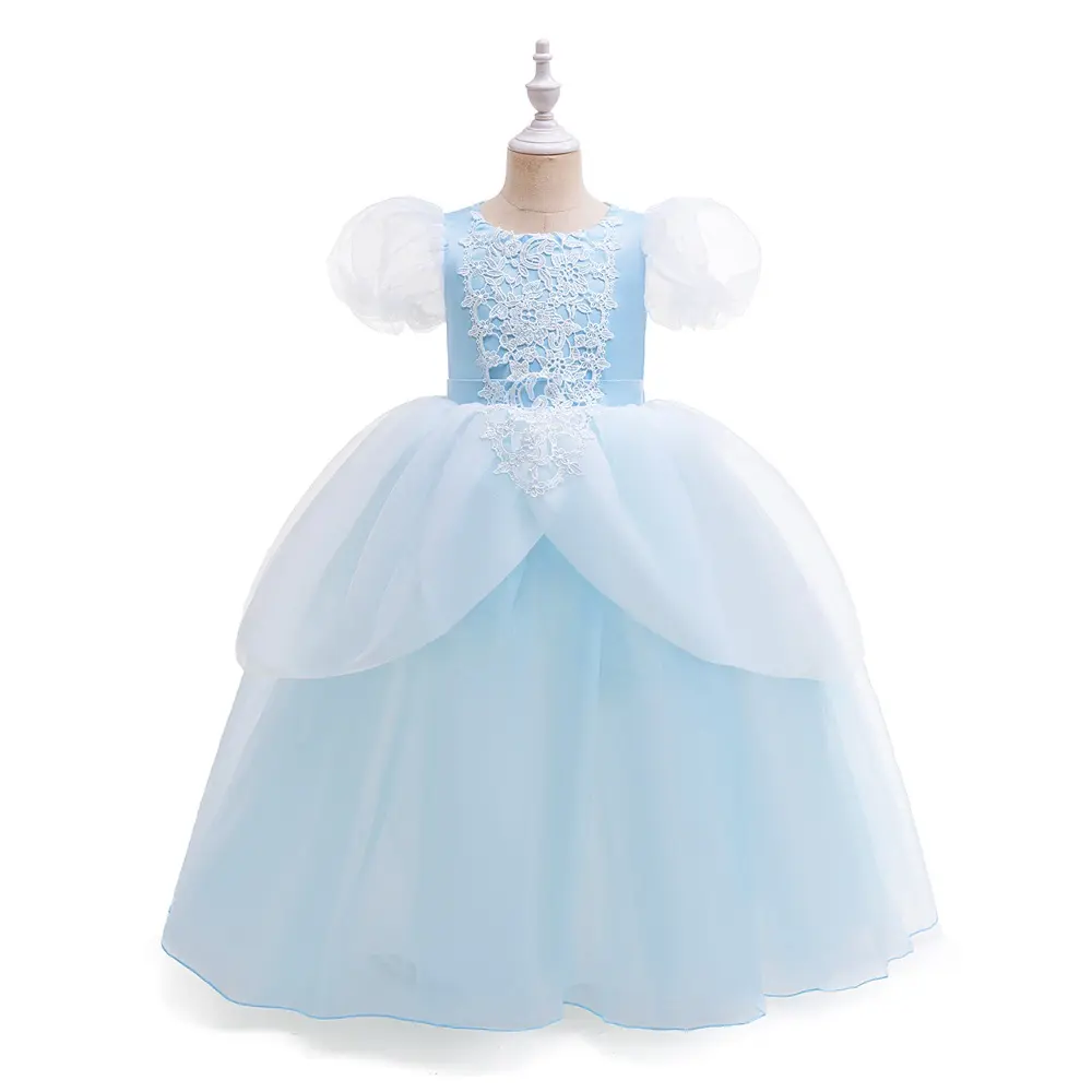 3-8Y Light Blue 082 Cartoon Cosplay Costume Fancy Carnival Kids Clothes Performance Princess Theme Party Holiday Girls Puff Sleeve Lace Patchwork Embroidered Ball Gown Children Cocktail Dress