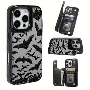 Flight Black Bat Pattern Leather Card Holder Phone Case, Suitable for iPhone 17 Air/16 Plus/15 Pro Max/14 Pro/13/12/11/XS Max/X Phone Case, Perfect Gift for Thanksgiving and Christmas for Family, Friends, Lovers, Boyfriend, Girlfriend