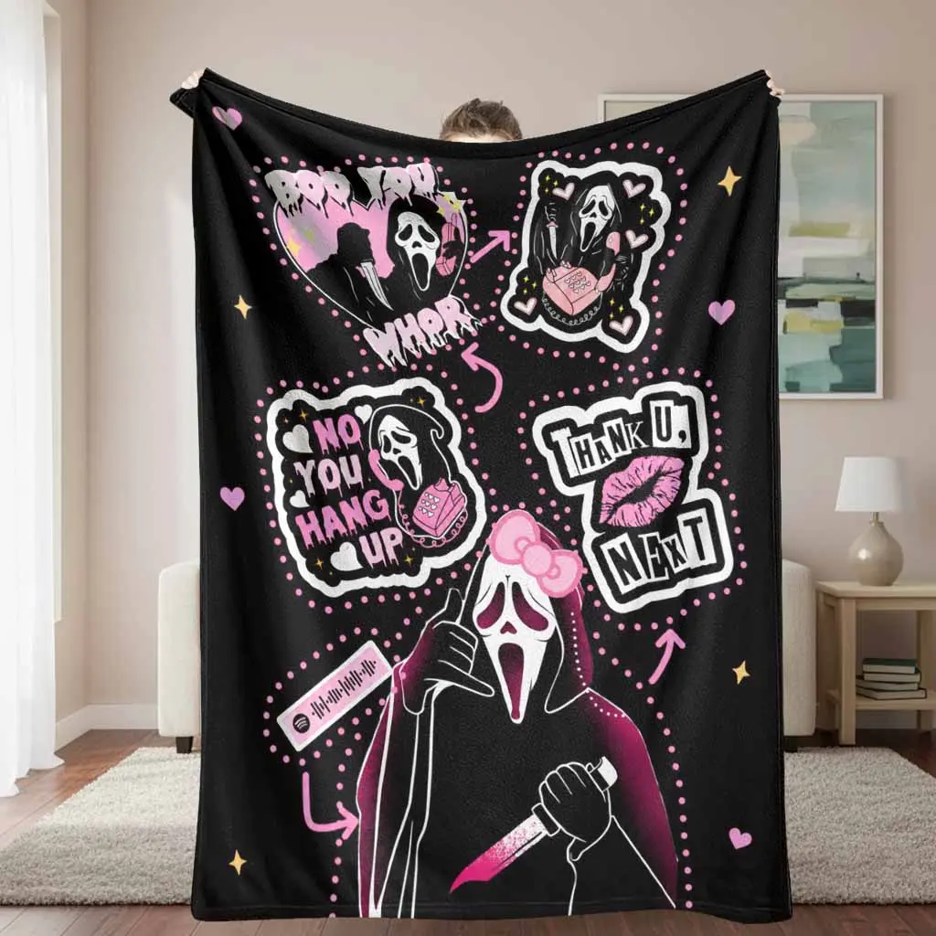 Ghostface Flannel Throw Blanket - Pink Horror Aesthetic Print, Wrinkle-Resistant, Durable, Breathable, Machine-Wash, Plush Texture Breathable Soft Blanket for Bedroom, Halloween Gift