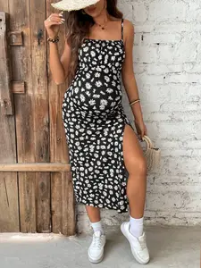 ELLIOTTWII Maternity Daisy Print Slit Spaghetti Strap Dress, Suitable For Summer, Beach, Holiday