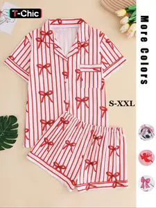 Women's Bow Graphic Print Lapel Neck Button Up Pajama, Cute Short Sleeve Pocket Shirt & Shorts PJ Set, Ladies Womenswear Summer Loungewear, Homewear, Nightwear, Pajamas
