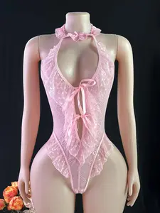 Pink Heart Mesh Halter Bodysuit, Ruffled Lace Teddy with Front Tie, baddie, women's shaping bodysuit, boob tape, invisible bra for neckline, sexy