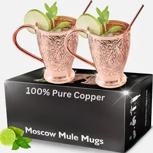 Copper Cups Set of 2 with  Handcrafted Embossed Design with Anti-Tarnish -Grade Coating - Moscow Mule Copper Mugs  Set with 2 Straws & Recipe E-Book, 16 oz