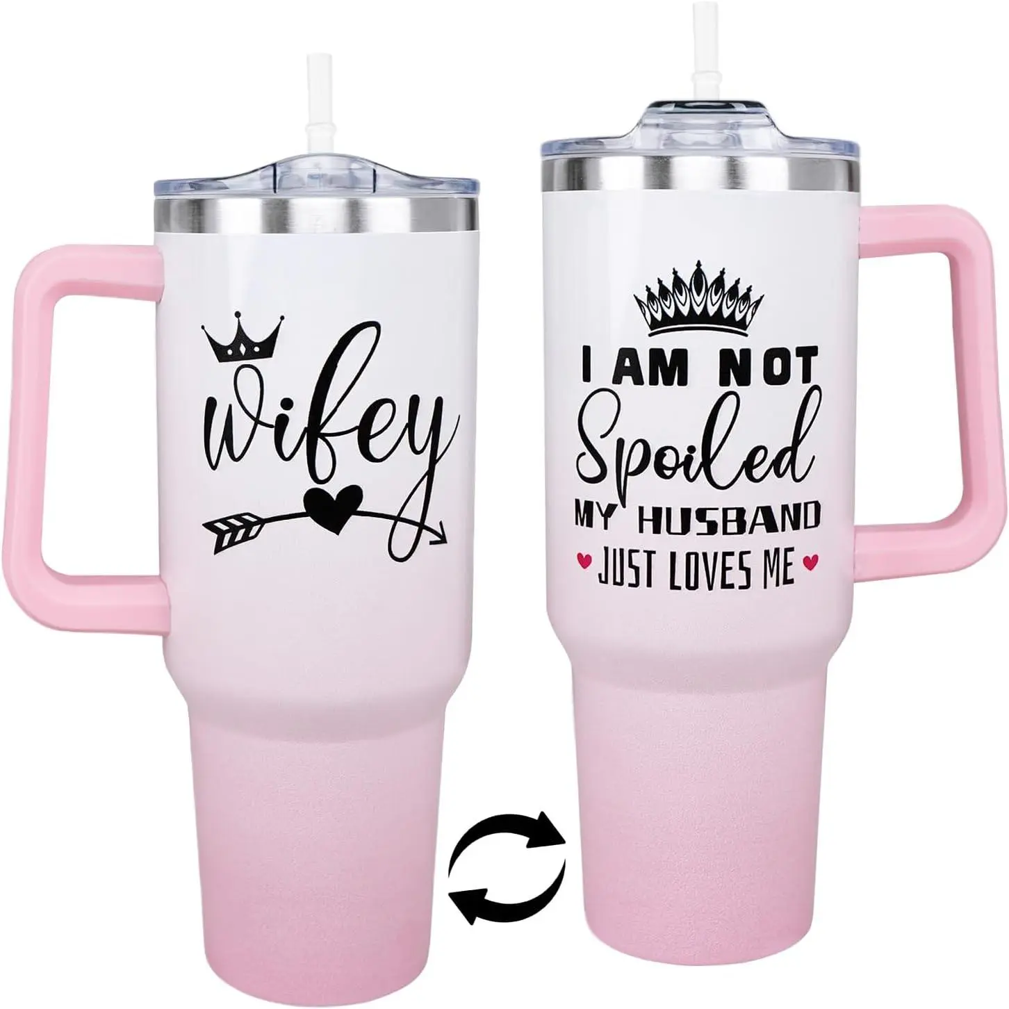 40oz (1,000-2,000 ml) Double Wall Stainless Steel Insulated Vacuum Flask Tumbler - Unique Handle, Printed Lid, Included Straw, Portable, Romantic Drink Mug for Indoor Coffee/Tea, Women's Birthday/Anniversary Gifts