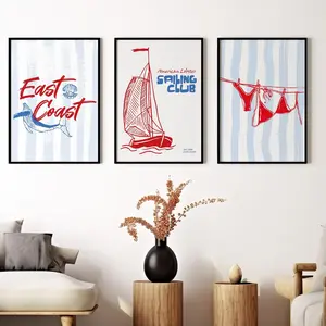 East Coast Set of 3, Apartment Dorm Print, Bikini Print, Coastal Cowgirl, Coastal Nantucket Cape Cod Watercolor, Blue Red Coastal Print