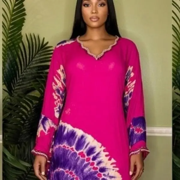 MAKD by Satousha Women's Ayaan Amara Batik Kurta Dress - Vibrant Pink-Violet Tie-Dye, Feminine Modest Long-Sleeve Lady Clothing with Embellished Neckline, Crystal Accents
