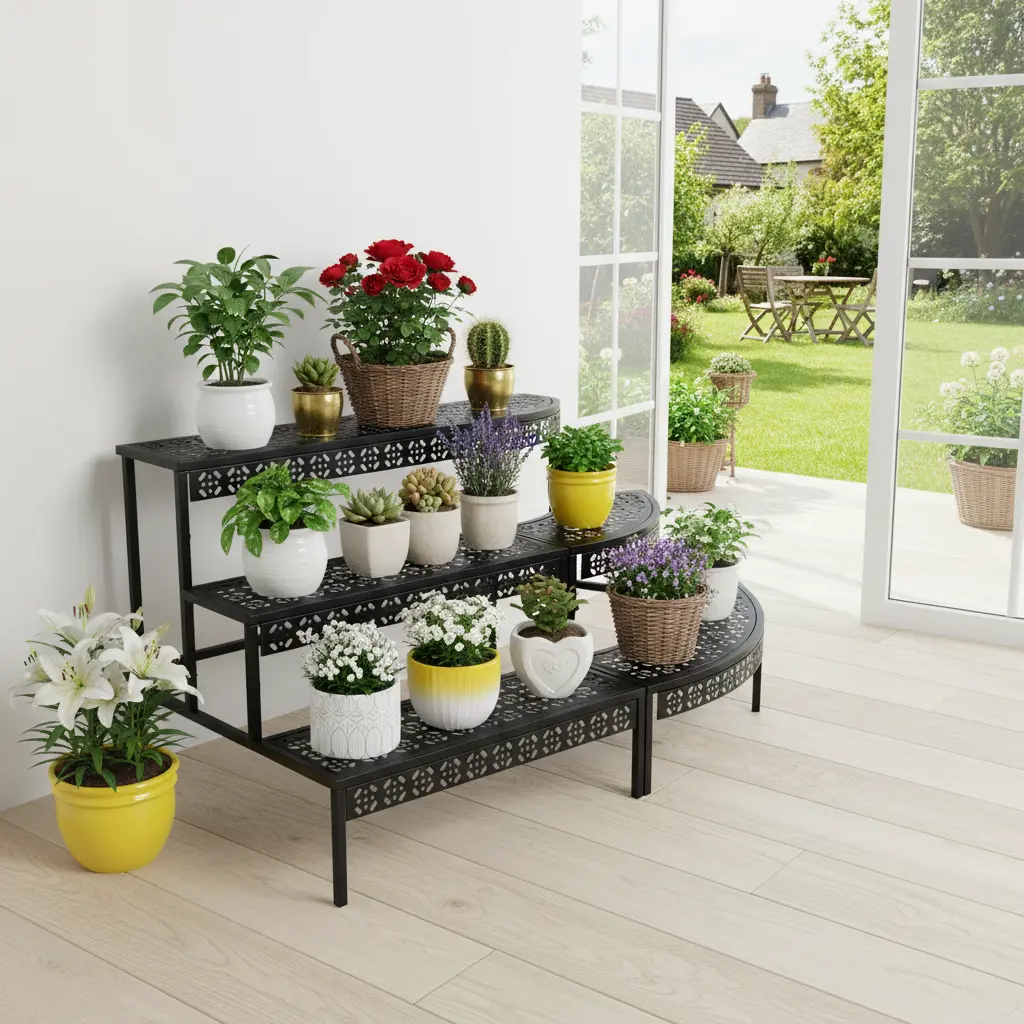 1* 3-Tier Metal Plant Stand with Bars, 15kg Per-Tier Load Capacity, Indoor-Outdoor Display Furniture for Potted Succulents & Leafy Plants, Multi-Functional Shoe Rack Alternative, Iron