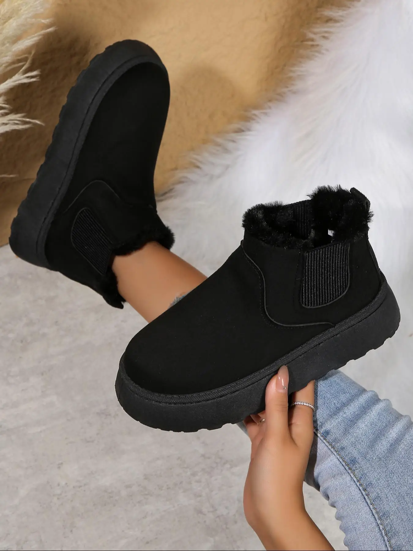 Women's Solid Color Plush Lining Ankle Boots, Fashionable Warm & Cozy Shoes for Daily Wear, Female All-match Trendy Shoes for Fall & Winter