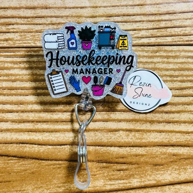 Housekeeping Manager Silver Glitter Badge Reel