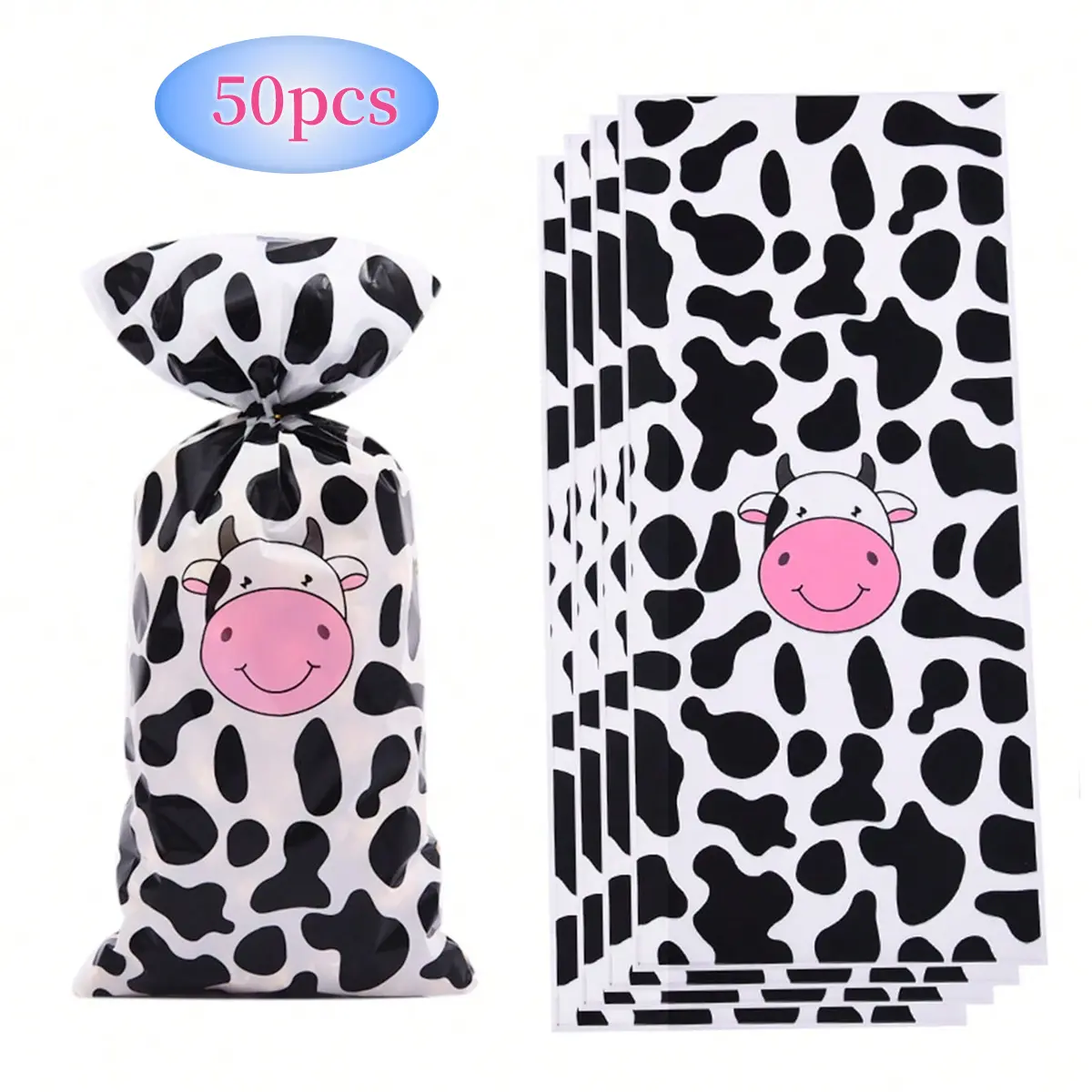 50 Cow Pattern Glass Paper Bags with Tie Straps, Farm Theme Party Supplies, Party Packs, Gift Wrapping Bags, Creative Gift Packaging, Perfect for Barnyard Parties
