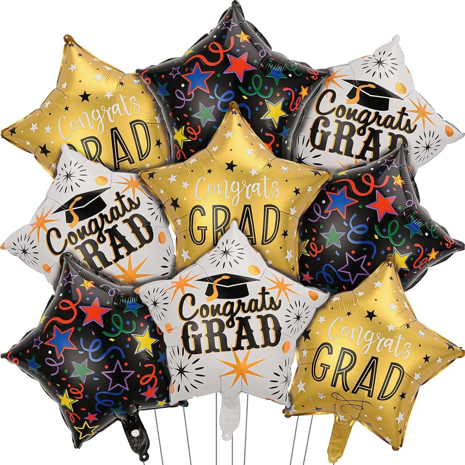9 Pcs Congrats Grad Decorations with Black, White & Gold Star Foil Balloons for Class of 2026