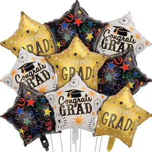 9 Pcs Congrats Grad Decorations with Black, White & Gold Star Foil Balloons for Class of 2026
