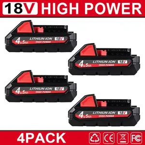 4-Pack 4.5Ah 18V Compact Lithium-ion Replacement Battery Compatible with Milwaukee M18, Replacement for 48-11-1890 48-11-1850 48-11-1828 48-11-1820 48-11-1815 48-11-1865 48-11-1812, Durable Battery Pack Without Wraparound