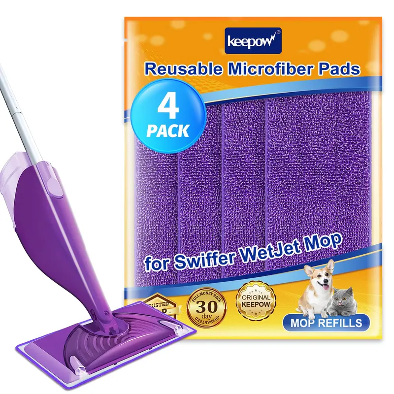 KEEPOW 4-Pack Reusable 11.8x5.5in Textured Microfiber Wet Jet Pads Refills for Swiffer WetJet Cleaning Mops, Water-Absorbent, Heavy-Duty, Deep Grime Lift, Wash 300x, Compatible with Wood Floors & Hard Surfaces, Clean Floors Solution (Laundry Bag Included)