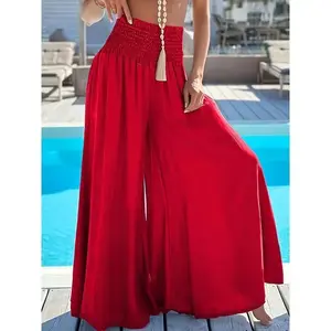 [Floor Length Wide Leg Pants] Floor Length Wide Leg Pants - Solid Flowy Casual Shirred Waist Vacation Pants for Women