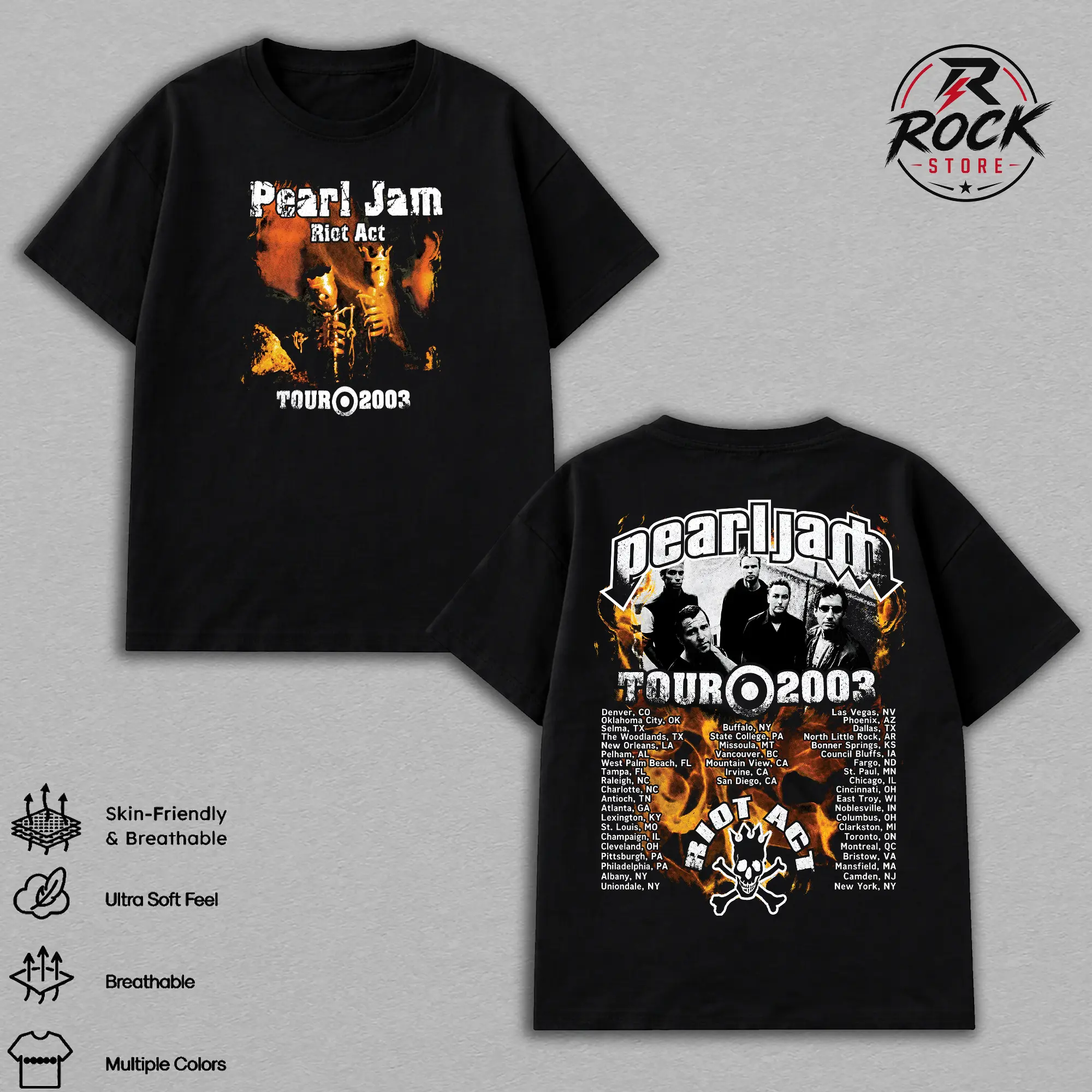Pearl Jam Riot Act Tour 2003 Graphic Tee Hoodie Sweatshirt Vintage Rock Band Shirt - Black Oversized T-Shirt Alternative Grunge Music Concert Tour Streetwear Unisex Retro 2000s Fan Outfit Men Women Gift