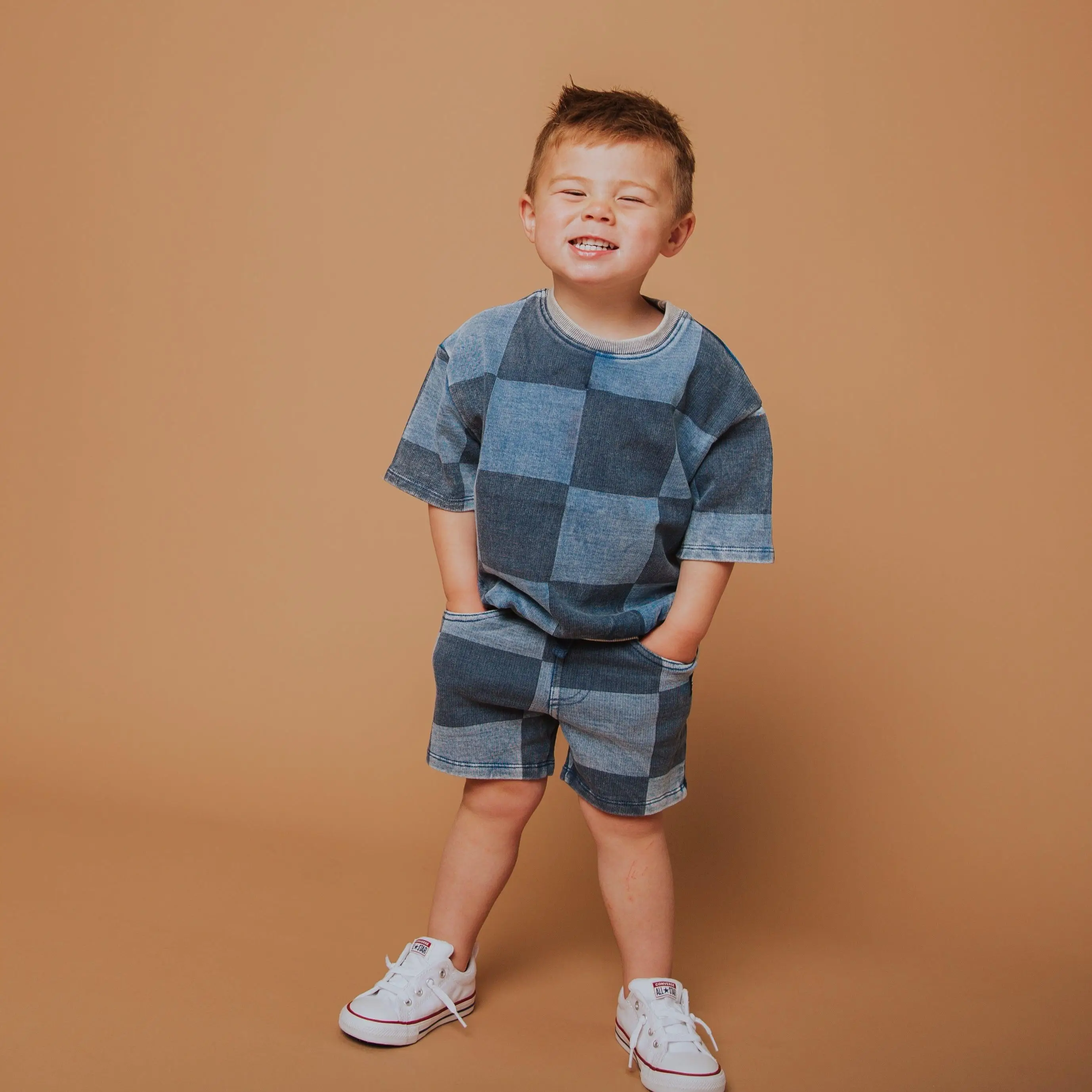 Short Sleeve Crewneck - Blue Denim Check