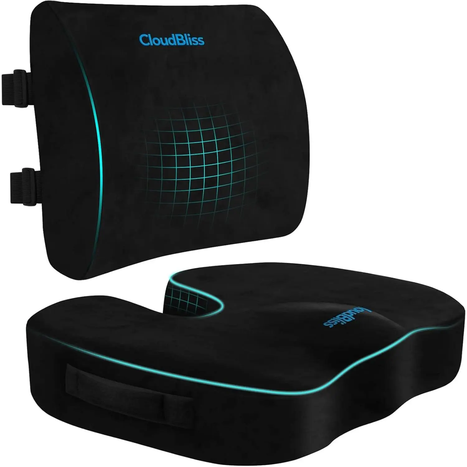 CloudBliss Lumbar Support Pillow & Seat Cushion Set for Office Chair, Desk Chair, Wheelchair & Car – Memory Foam Back Support, Ergonomic Chair Cushions, Sciatica Pain Relief, Home Essentials, Black