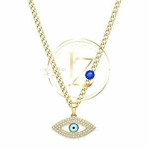 COD#2056. Evel Eyes Pendant with Cuban Chain 3 mm - Gold Color, Blue Stone, and Rhinestones