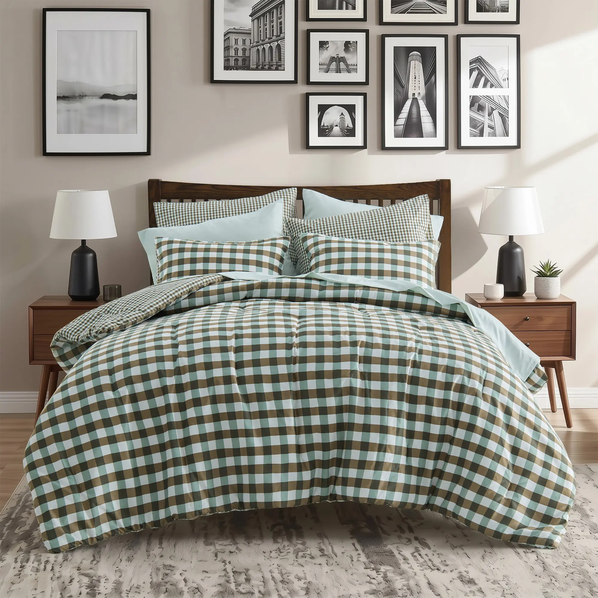 Reversible Check Plaid Microfiber Comforter Set, Vintage Gingham Bedding, All Season Bed In A Bag