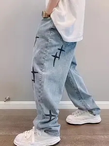 Men's Cross-stitch Jeans Straight Leg Blue Denim Pants Streetwear Comfortable Outdoor Trousers Fashion Menswear