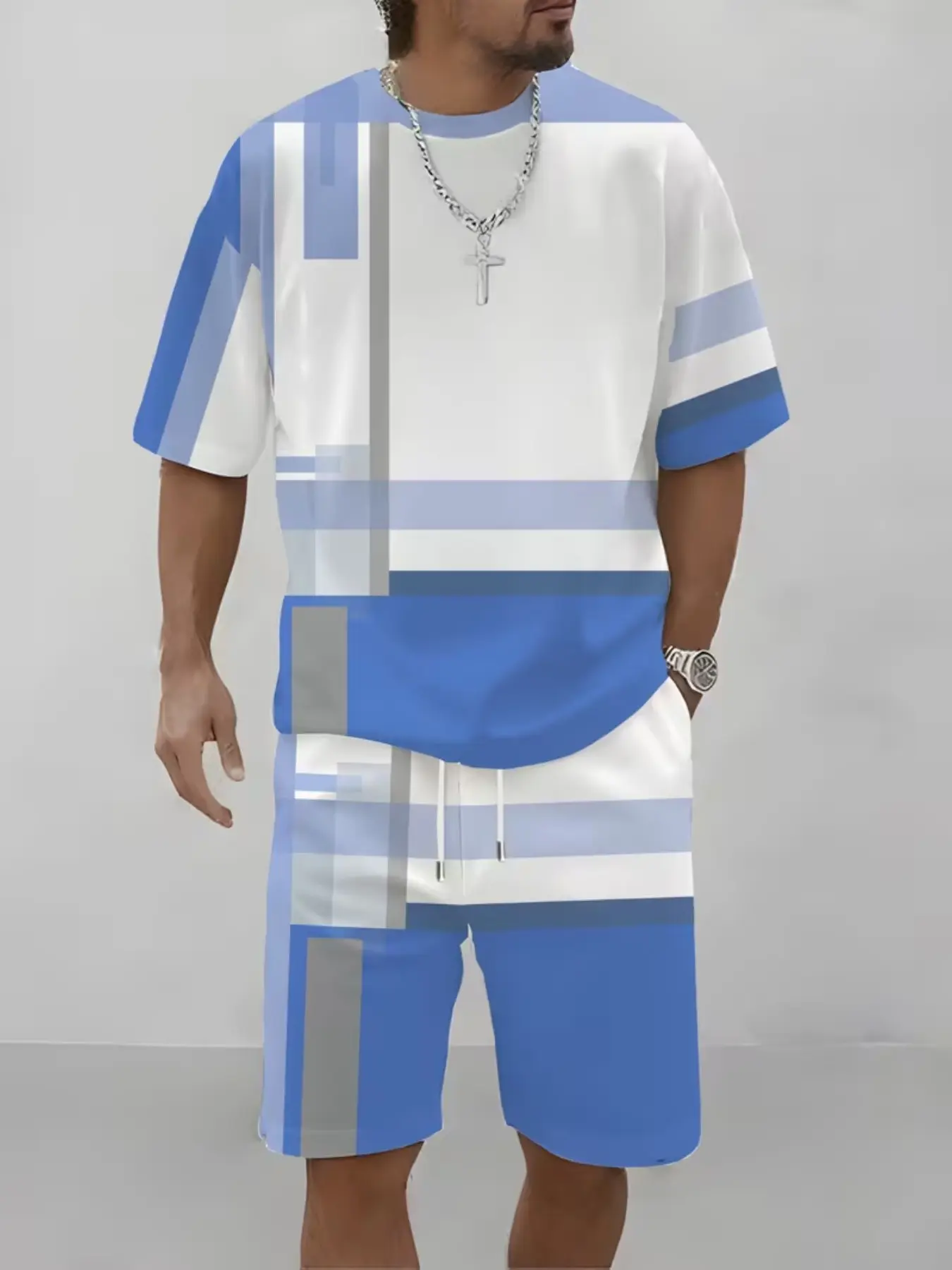 Men's 3D Digital Full-Print Round Neck Pullover T-Shirt + Beach Shorts Set, Menswear, Blue Casual Summer Wear, Lightweight Two-Piece