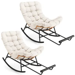 2PCS Papasan Rocking Chair Set with Foot Rest - Oversized Lounge Chairs with Thick Removable Cushion & Metal Frame for Patio,Porch,Garden,White